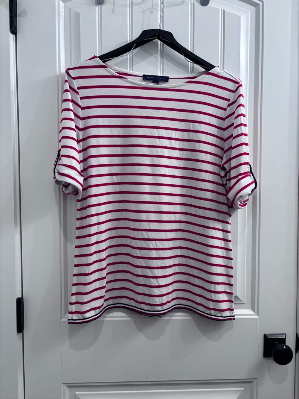 Tommy Hilfiger White and Pink Striped Boatneck Tee